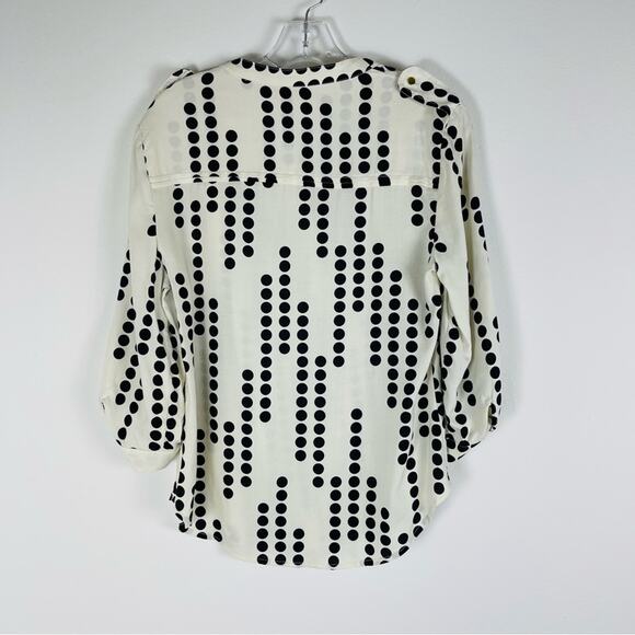 ANA cream black polka dot pleated preppy office button front blouse top medium - Picture 6 of 7